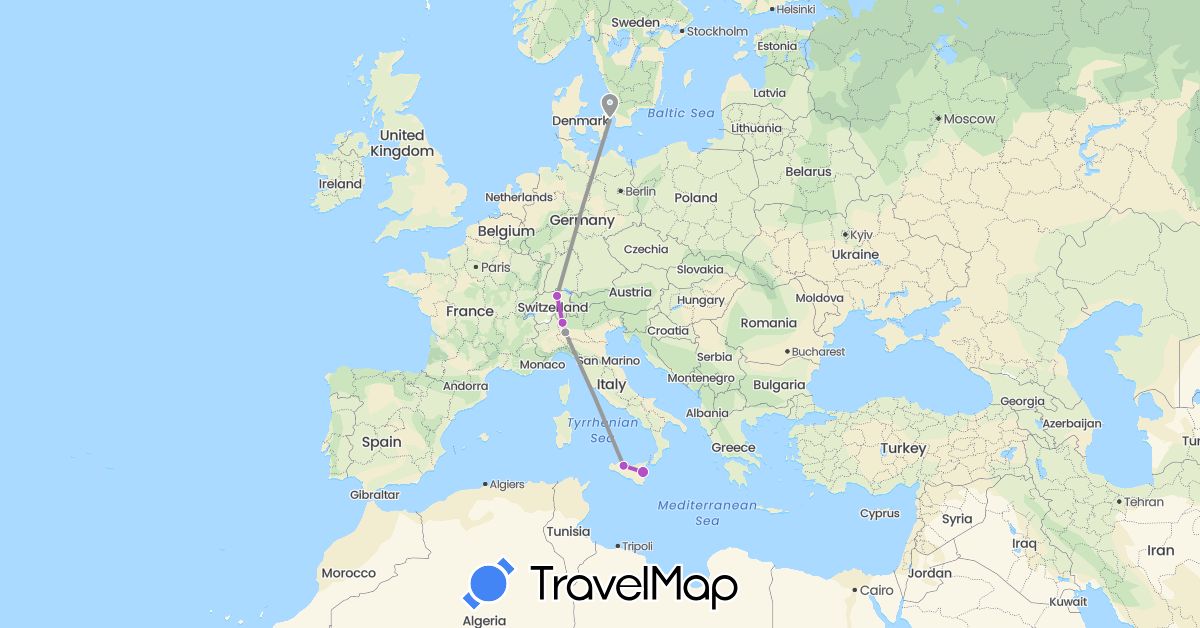 TravelMap itinerary: driving, plane, train in Switzerland, Denmark, Italy (Europe)